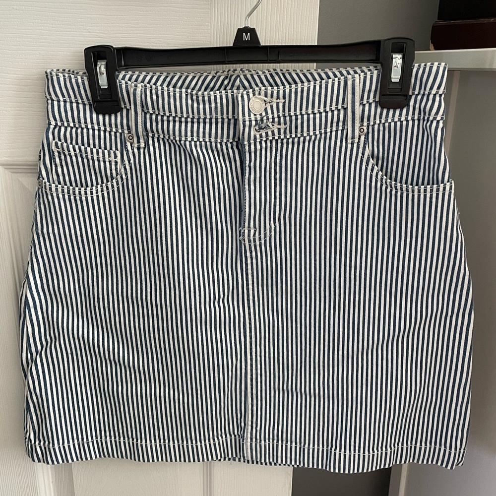 Blue and white striped denim skirt